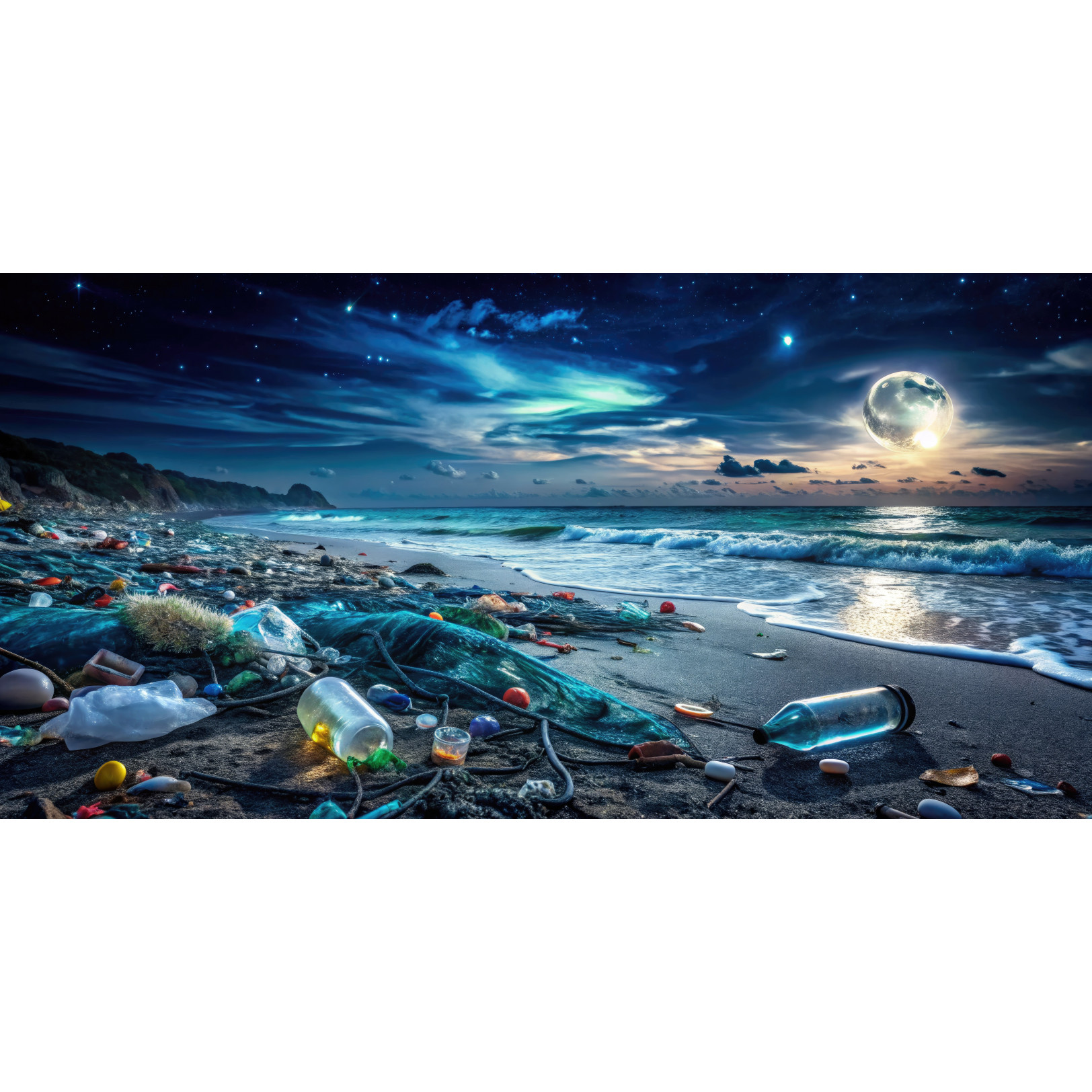 Night Beach Pollution: Dangerous Glass, Plastic, And Trash Threaten Marine Life And Human Safety.