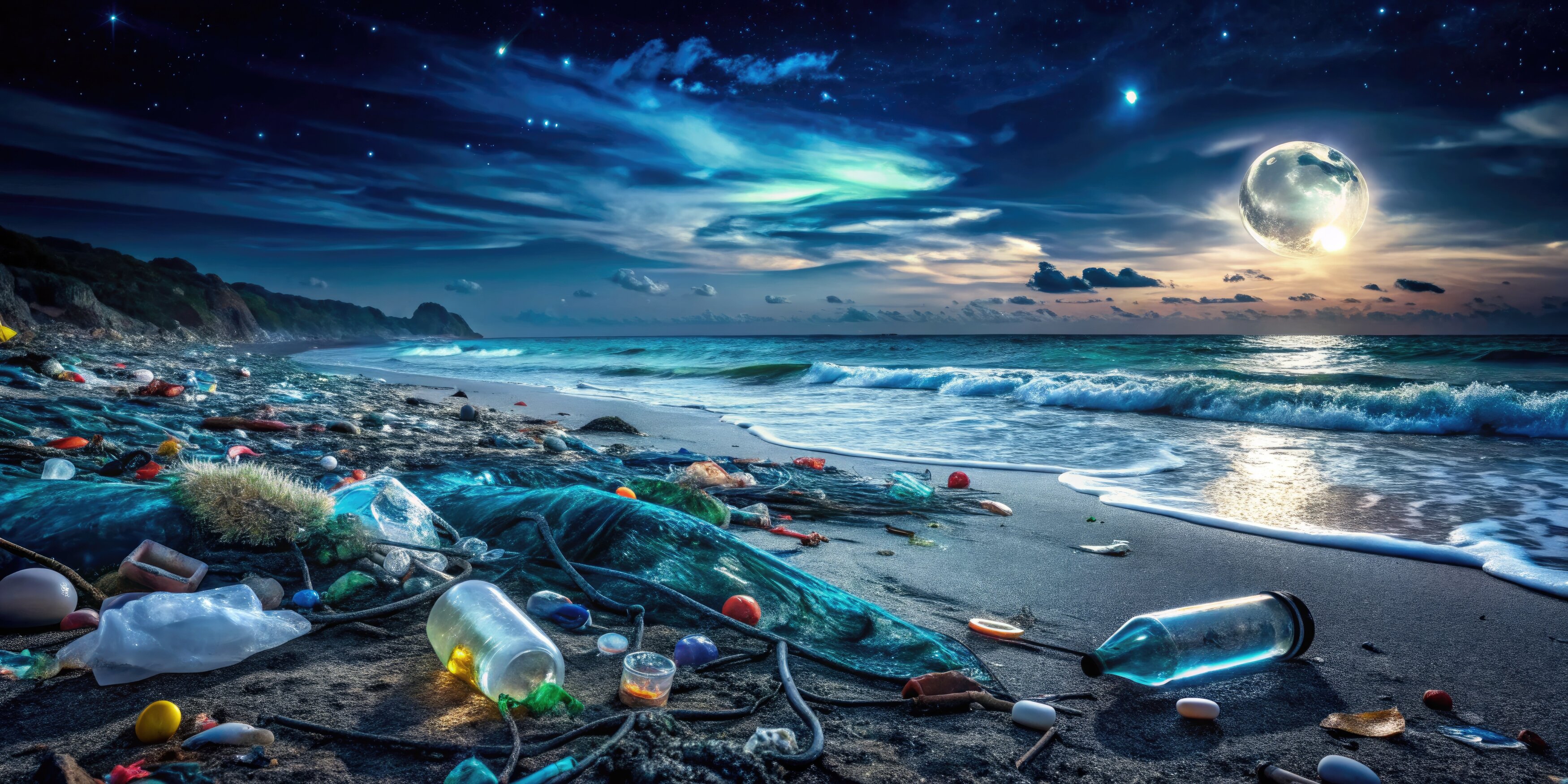 Night Beach Pollution: Dangerous Glass, Plastic, And Trash Threaten Marine Life And Human Safety.