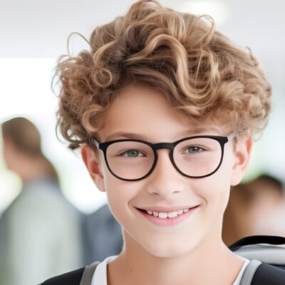 Portrait Of Positive European Male Teenager Student Wearing Backpack Glasses Holding Books And Tablet In Class With White Big Glass Window And Blured Students In Class Background