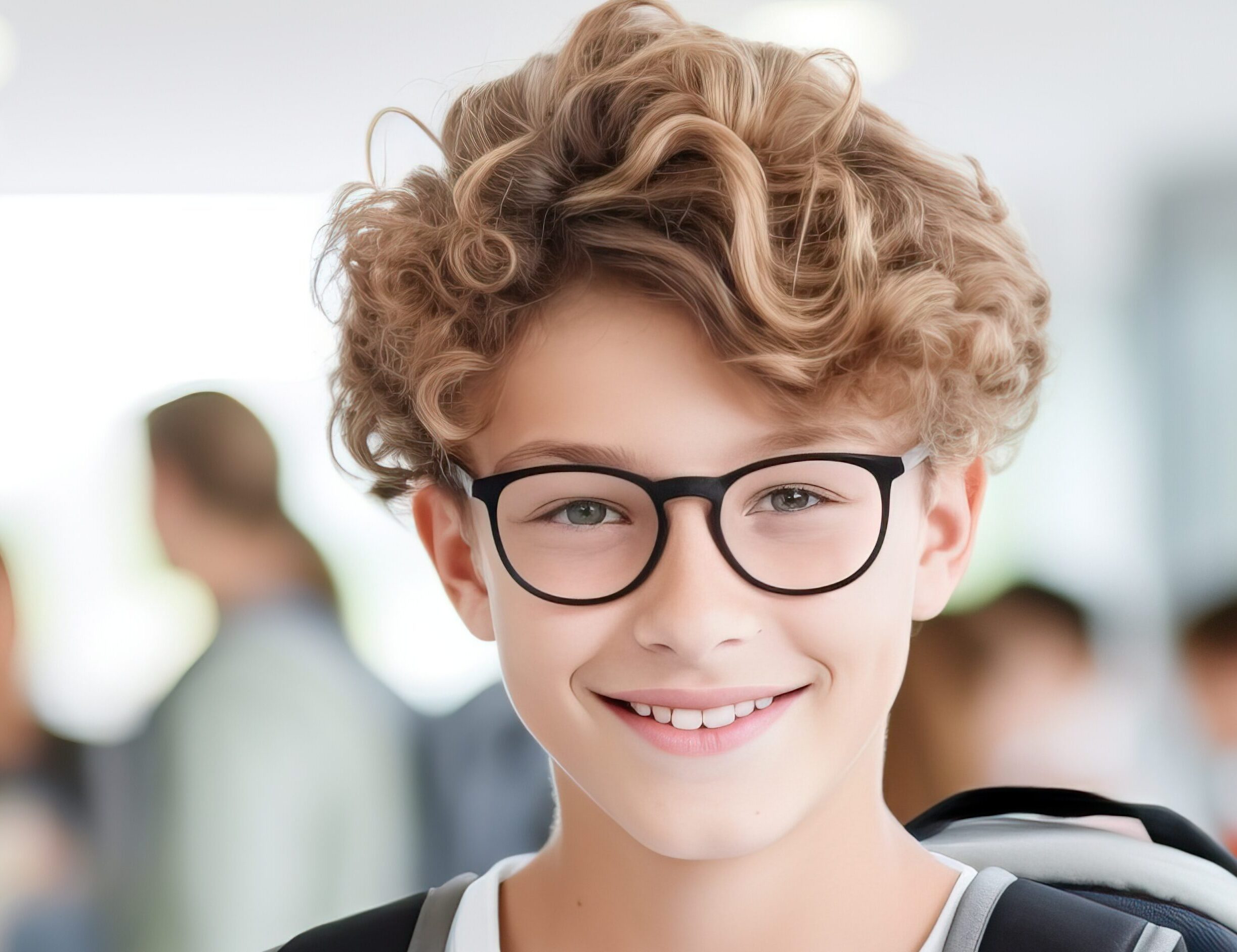 Portrait Of Positive European Male Teenager Student Wearing Backpack Glasses Holding Books And Tablet In Class With White Big Glass Window And Blured Students In Class Background