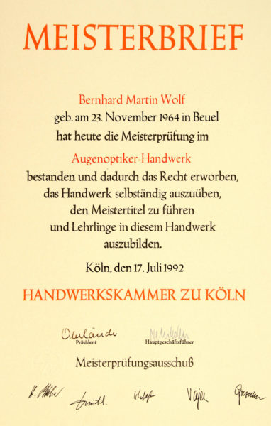 Bernhard Wolf Meisterbrief Augenoptiker Meister Bernhard Wolf Meisterbrief Augenoptiker Meister