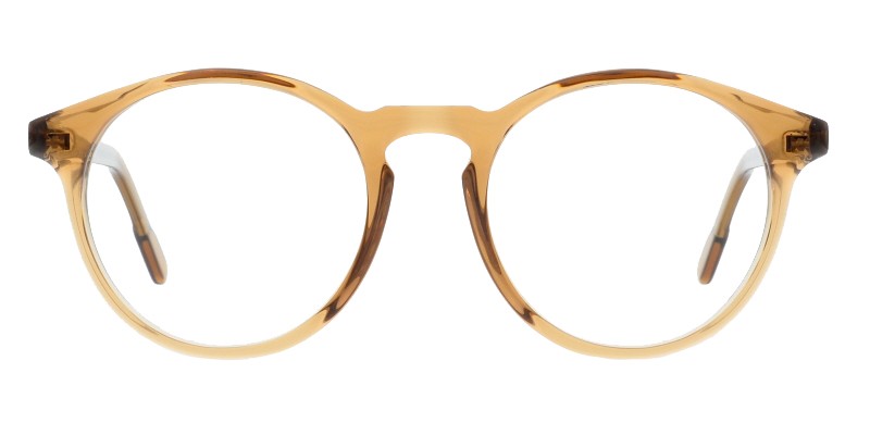 Caya-19 Karamell Colibris Eyewear Unisexbrille Caya in transparentem Braun mit rundem Gestell auf weißem Hintergrund.