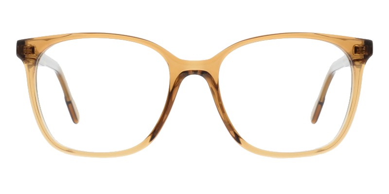 Cleo-19 Karamell Colibris Eyewear Damenbrille Cleo in transparentem Braun, eckige Fassung, Frontalansicht.