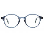 Colibris Eyewear Damenbrille Emil P. in rundem, transparent-blauem Gestell auf weißem Hintergrund.