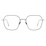 Colibris Eyewear Unisexbrille Fiona mit dünnem, eckigem Metallrahmen in Schwarz und goldenen Bügelenden.