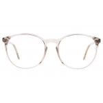 Colibris Eyewear Damenbrille Jana, runde, zarte Fassung in transparentem Rosé auf weißem Hintergrund.