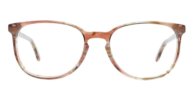 Jessi-68 Rose Colibris Eyewear Damenbrille Jessi mit rundem, braun gemustertem Rahmen auf weißem Hintergrund.