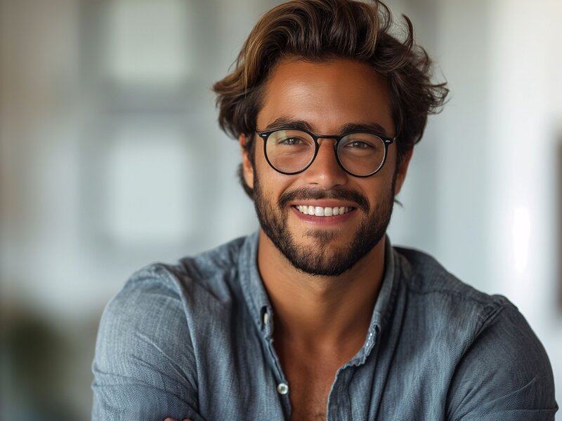 Smiling Young Caucasian Man With Glasses And Wavy Hair In A Denim Shirt, In A Modern Office Background