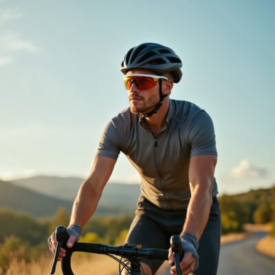 Professional Male Cyclist Rides Road Bike At Sunset. Adult Man In Sport Glasses And Helmet Enjoys Outdoor Summer Recreation. Active Lifestyle Sport Adventure In Beautiful Nature.