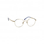 Goldene Damenbrille Makellos ME 1068 mit runden Gläsern und blauen Bügeln.