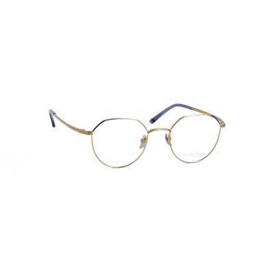 Goldene Damenbrille Makellos ME 1068 mit runden Gläsern und blauen Bügeln.