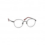 Runde Damenbrille makellos ME 1068 mit dünnem, schwarzem Metallrahmen und roten Bügelenden.