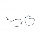 Unisexbrille Makellos ME 1079 mit eckigem Metallrahmen und blauen Bügelenden.