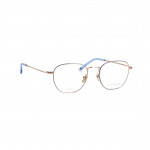 Unisexbrille Makellos ME 1085 mit goldenem Gestell und blauen Bügelenden.