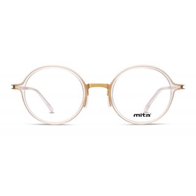 Unisex Brille MITA MT1018 mit goldener runder Fassung und transparenten Gläsern, frontalansicht.