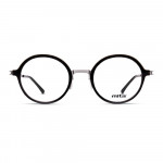 Unisex Brille MITA MT1018 in Schwarz, runde Gläser mit dünnem Metallrahmen und Logo auf dem linken Glas.