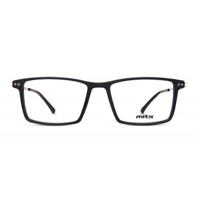 Unisex Brille MITA MT1019, rechteckige schwarze Fassung mit klaren Gläsern, auf einer Produktseite abgebildet.