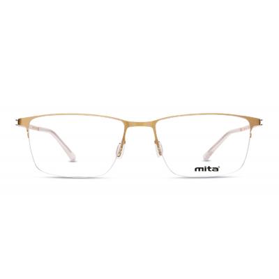 Unisex Brille MITA MT1022 mit goldfarbenem Rand und klaren Gläsern, auf einem weißen Hintergrund dargestellt.
