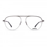 Unisex Brille MITA MT1023 mit schwarzem Metallrahmen und klaren Gläsern, frontalansicht auf einer Produktseite.