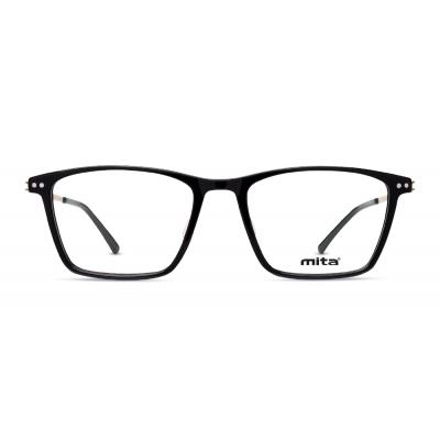 Unisex Brille MITA MT1024 in schwarzem Rahmen, Produktseite. Rechteckiges Design mit klaren Gläsern und schmalen Bügeln.