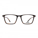 Unisex Brille MITA MT1024, rechteckige braun gesprenkelte Fassung mit klaren Gläsern und silbernen Akzenten an den Scharnieren.