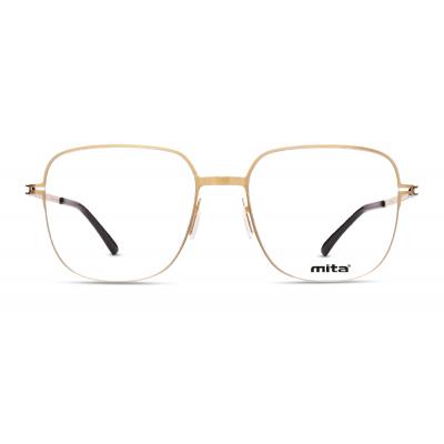 Unisex Brille MITA MT1028. Goldene Metallrahmen, quadratische Gläser und schwarz beschichtete Bügelenden.