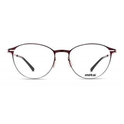 Damenbrille MITA MT1029 in Rot, Vorderansicht. Runde Metallfassung mit schmalen Bügeln und transparenten Gläsern.