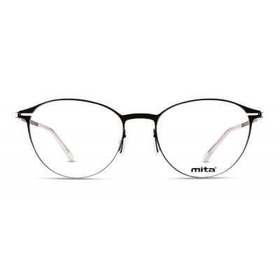 Damenbrille MITA MT1029 mit schwarzem runden Rahmen und transparenten Gläsern, auf einem weißen Hintergrund.