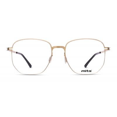 Damenbrille MITA MT1030 mit goldfarbenem quadratischem Rahmen und schwarzen Bügelenden, Vorderansicht.