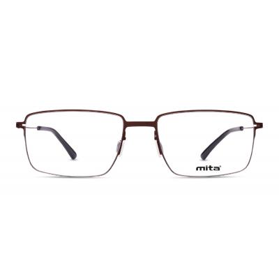Damenbrille MITA MT1303 in rechteckiger Form, braunes Metallgestell, klare Gläser und schwarze Bügelenden.