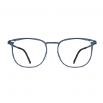Herrenbrille Neubau Noah T116 in Blau mit rechteckigem Metallrahmen, dünnen Bügeln und klaren Gläsern, frontal abgebildet.