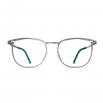 Herrenbrille Neubau Noah T116 mit silbernem Metallrahmen und grünen Bügelenden, frontal aufgenommen.