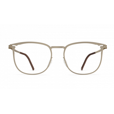 Herrenbrille Neubau Noah T116 aus Metall in hellem Beige, filigranes Design mit klaren Gläsern und braunen Bügelenden.