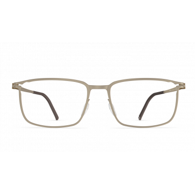 Herrenbrille Neubau Phillip T117 mit rechteckigem Rahmen in hellem Goldton und flexiblen schwarzen Bügelenden, frontalansicht.
