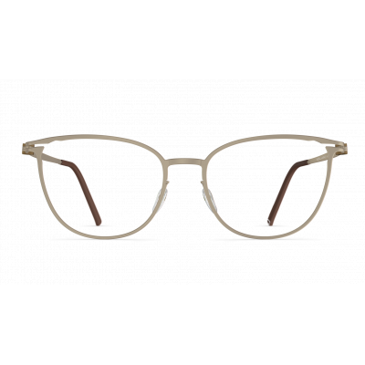 Damenbrille Neubau Clara T122 mit filigranem, goldfarbenem Gestell und braunen Bügeln, elegante und schlichte Optik.