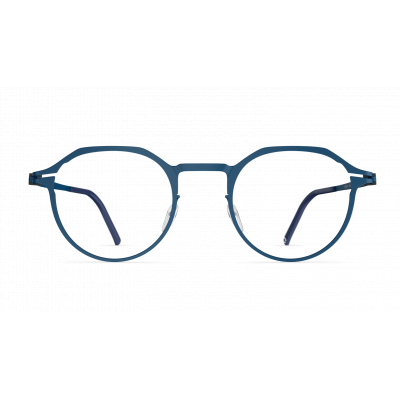 Herrenbrille Neubau Nino T123 in Blau mit runder Fassung und filigranem Design, frontal abgebildet.