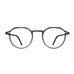 Herrenbrille Neubau Nino T123 in schwarzem, rundem Design mit schmalem Metallrahmen und klaren Gläsern.