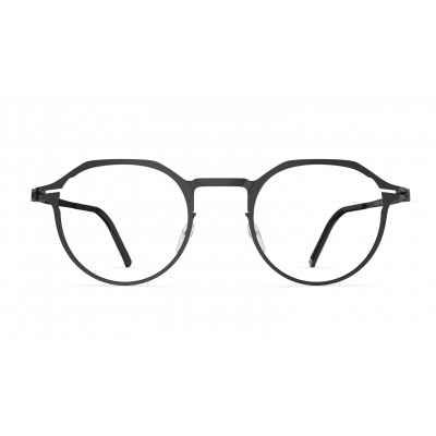 Herrenbrille Neubau Nino T123 in schwarzem, rundem Design mit schmalem Metallrahmen und klaren Gläsern.