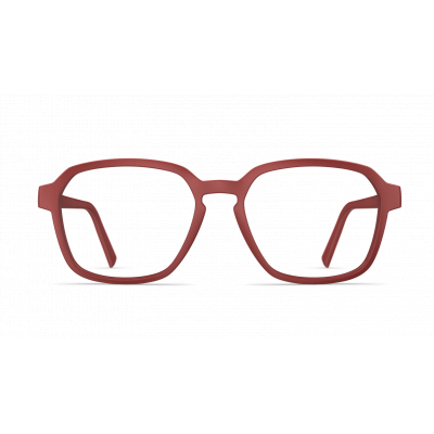 Herrenbrille Neubau Fred T125 in minimalistischer, rechteckiger Rahmenform und mattem Rotton, frontal abgebildet.