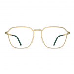 Herrenbrille Neubau Marlin T135 in Gold mit grünen Bügeln und eckiger Fassung, Vorderansicht.