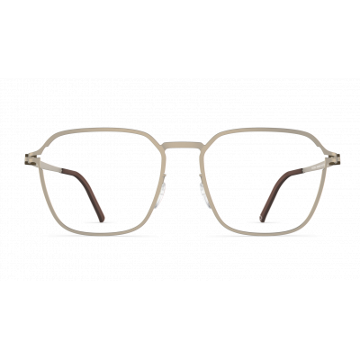Herrenbrille Neubau Marlin T135 mit eckigem Rahmen in hellem Metall und dünnen Bügeln mit braunen Akzenten.