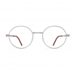 Unisexbrille Neubau Jona T136 mit rundem Metallrahmen in Silber und roten Bügelenden, minimalistisch und modern.