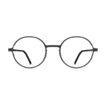 Unisexbrille Neubau Jona T136 mit runden schwarzen Metallrahmen und klaren Gläsern, minimalistisch und zeitloses Design.