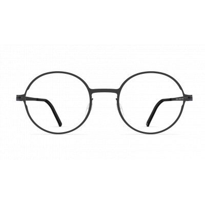 Unisexbrille Neubau Jona T136 mit runden schwarzen Metallrahmen und klaren Gläsern, minimalistisch und zeitloses Design.