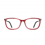 Rote Damenbrille Neubau Paula T138 mit rechteckigem Rahmen und schwarzem Bügel, frontal dargestellt.
