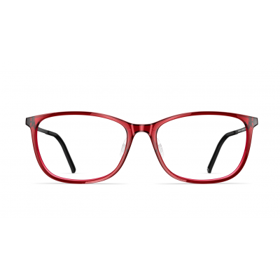 Rote Damenbrille Neubau Paula T138 mit rechteckigem Rahmen und schwarzem Bügel, frontal dargestellt.
