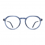 Herrenbrille Neubau Michi T143 mit runder, dunkelblauer Fassung und schlanken Bügeln, Frontalansicht.