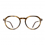 Herrenbrille Neubau Michi T143 mit runder, braun gemusterter Fassung und schmalen Bügeln in einem modernen Design.