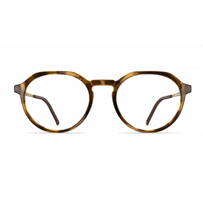 Herrenbrille Neubau Michi T143 mit runder, braun gemusterter Fassung und schmalen Bügeln in einem modernen Design.