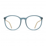 Damenbrille Neubau Anika T148 mit runder Fassung aus blauem Kunststoff und beigen Bügeln, modern und zeitlos.